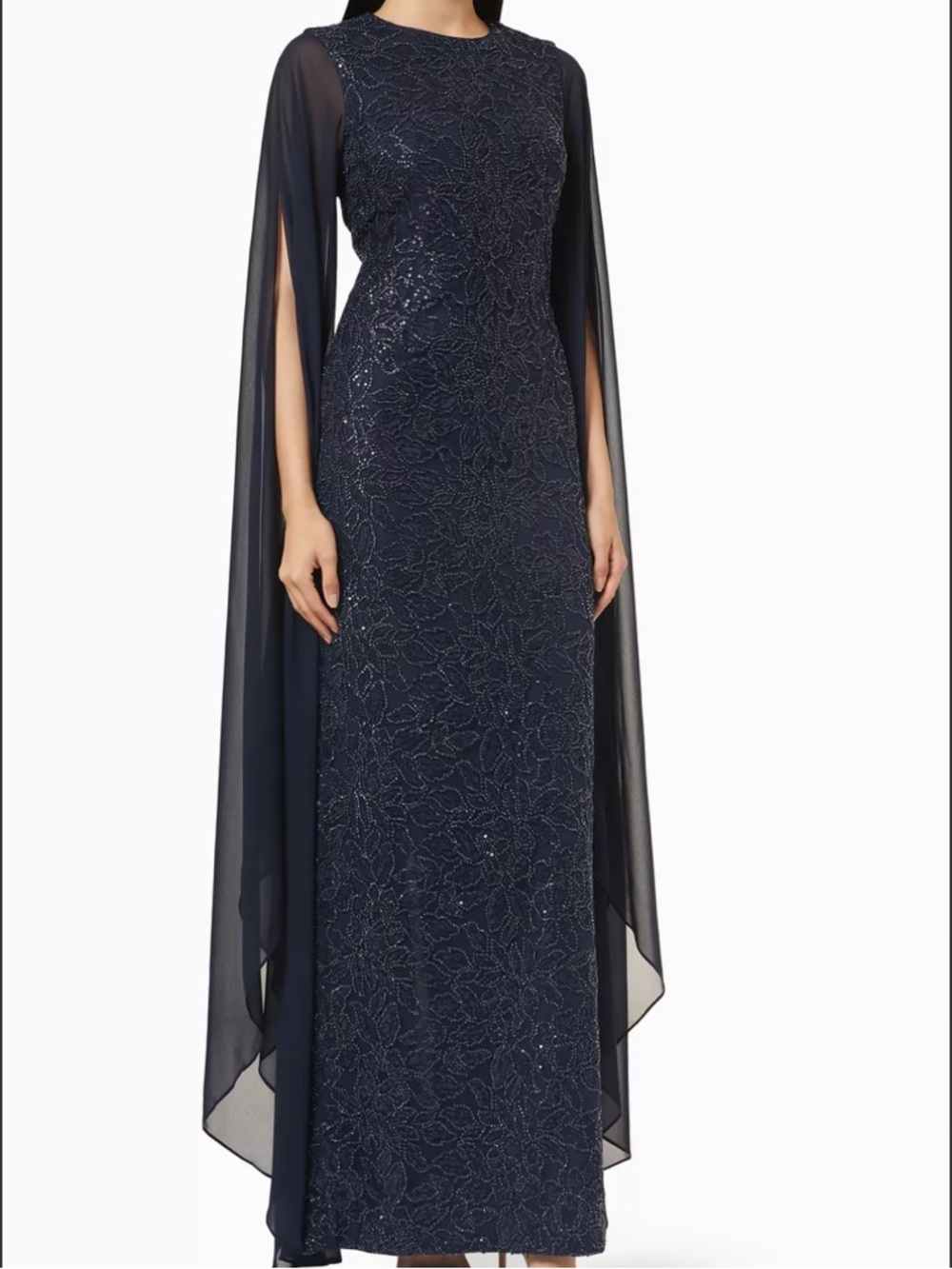 Teri Jon by Rickie Freeman Blue Beaded Gown with Sheer Cape Sleeves Size 14 NEW
